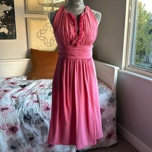 Kay Unger Pink Silk Ruffle Ruched Cocktail Dress, Deep V-Neck & Back Opening